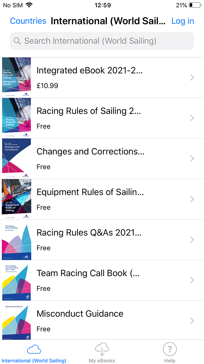 Screenshot showing the International (World Sailing) category of the World Sailing 2021-2024 app